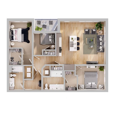 Floor plan for 3 beds, 2 baths, 1291 sqft